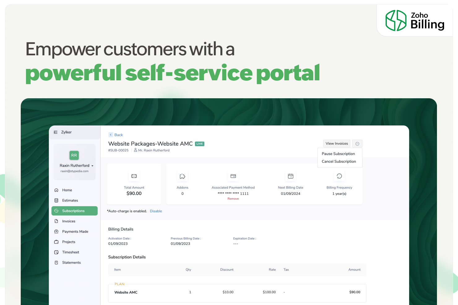 screenshot of Zoho Billing